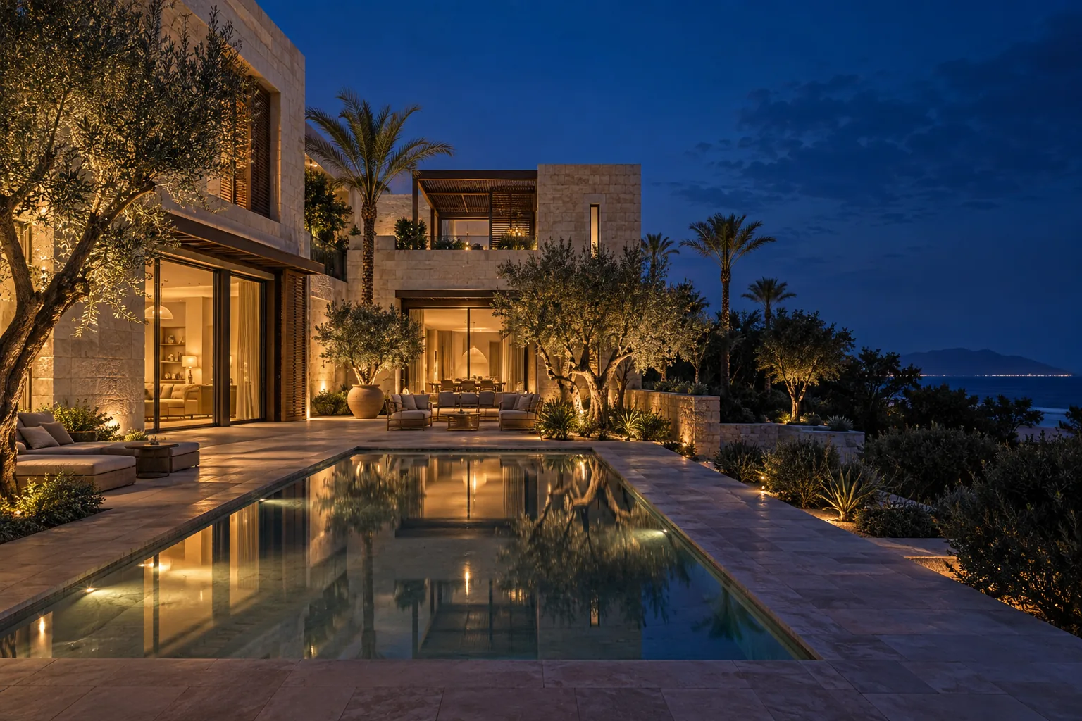 مشهد معماري توضيحي لفيلا وحديقة عند الغروب